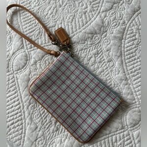 Coach Tan Plaid Blue & Pink Checkered Wristlet w/ Silver Hardware